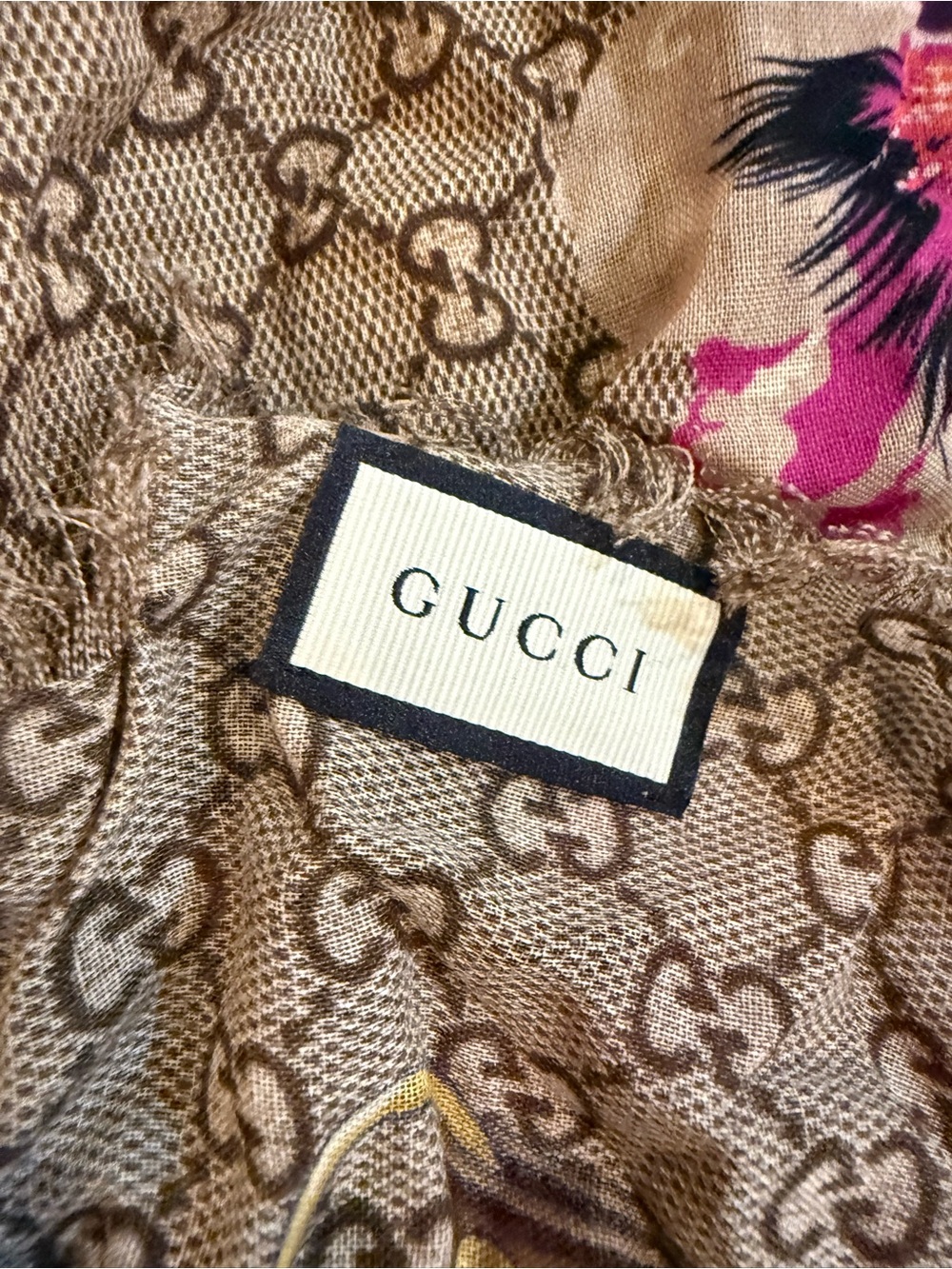 Gucci Floral Border Maxi Scarf - Taupe with Pink & Purple Florals - Picture 4 of 4